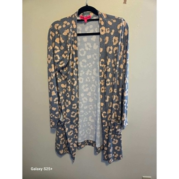 Simply Southern Sweaters - Simply Southern Blue Peach Leopard Print Open Front Cardigan Duster Pockets L/XL